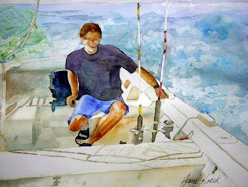 At the Shore, by Jane Brennan, Maiden voyage 20’ inboard piloted by Jonathan Koeck  ,offering watercolor classes