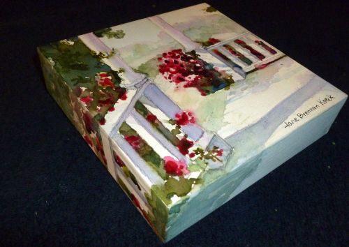 Front Porch, by Jane Brennan , white fence, red flowers, on gallery wrap canvas, watercolor classes offered